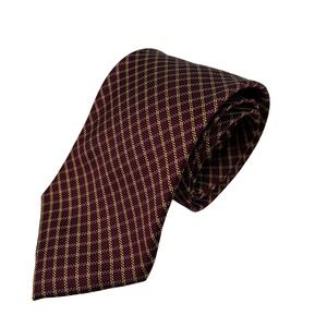 Lands End Mens Burgundy Gold Plaid 100% Silk Handwoven Neck Tie